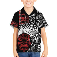 Honour The Treaty New Zealand Personalised Family Matching Off The Shoulder Long Sleeve Dress and Hawaiian Shirt Toitu Te Tiriti Indigenous Maori Face LT9 Son's Shirt Black - Polynesian Pride