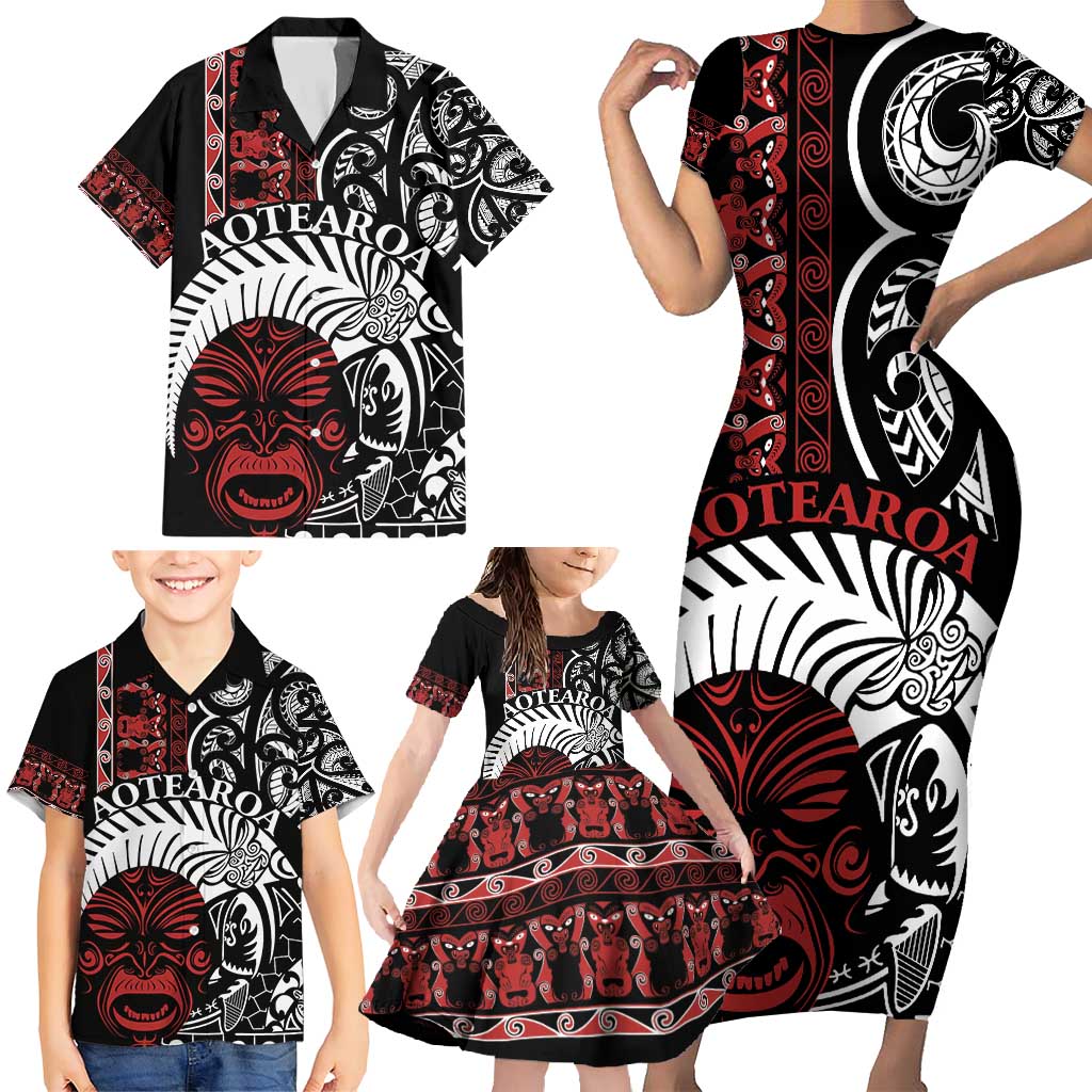 Honour The Treaty New Zealand Personalised Family Matching Short Sleeve Bodycon Dress and Hawaiian Shirt Toitu Te Tiriti Indigenous Maori Face LT9 - Polynesian Pride
