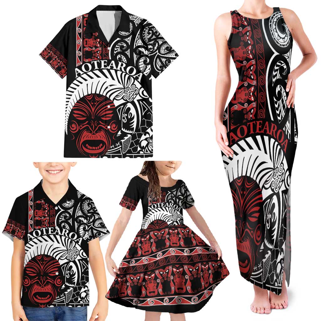 Honour The Treaty New Zealand Personalised Family Matching Tank Maxi Dress and Hawaiian Shirt Toitu Te Tiriti Indigenous Maori Face LT9 - Polynesian Pride