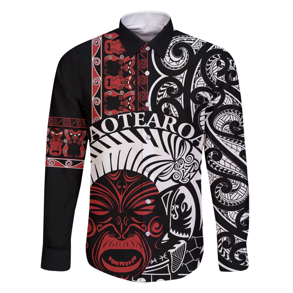 Honour The Treaty New Zealand Personalised Family Matching Tank Maxi Dress and Hawaiian Shirt Toitu Te Tiriti Indigenous Maori Face LT9 Dad's Shirt - Long Sleeve Black - Polynesian Pride