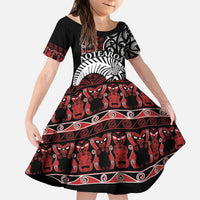 Honour The Treaty New Zealand Personalised Kid Short Sleeve Dress Toitu Te Tiriti Indigenous Maori Face LT9 KID Black - Polynesian Pride