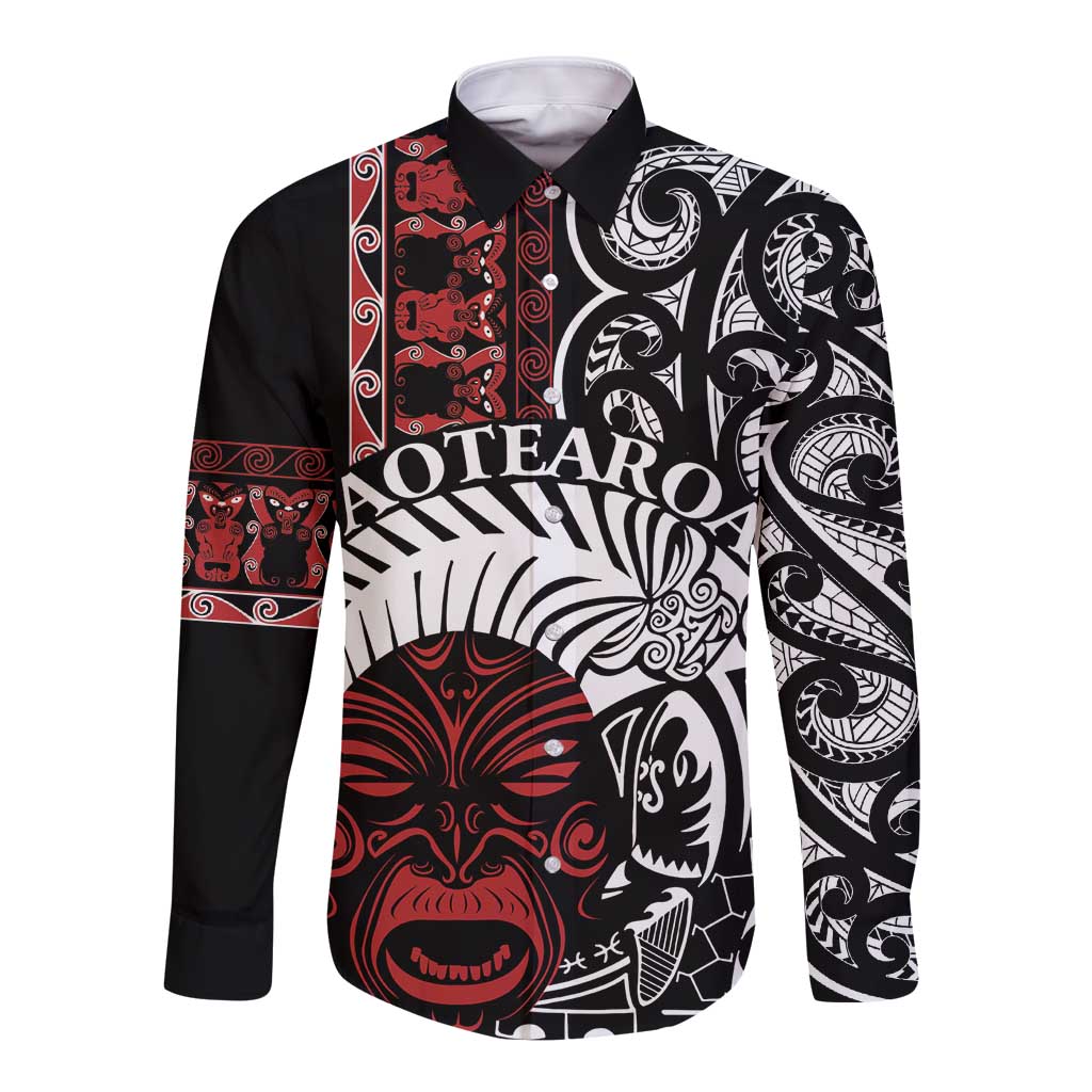 Honour The Treaty New Zealand Personalised Long Sleeve Button Shirt Toitu Te Tiriti Indigenous Maori Face LT9 Unisex Black - Polynesian Pride