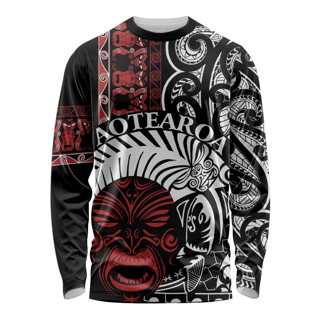 Honour The Treaty New Zealand Personalised Long Sleeve Shirt Toitu Te Tiriti Indigenous Maori Face LT9 Unisex Black - Polynesian Pride