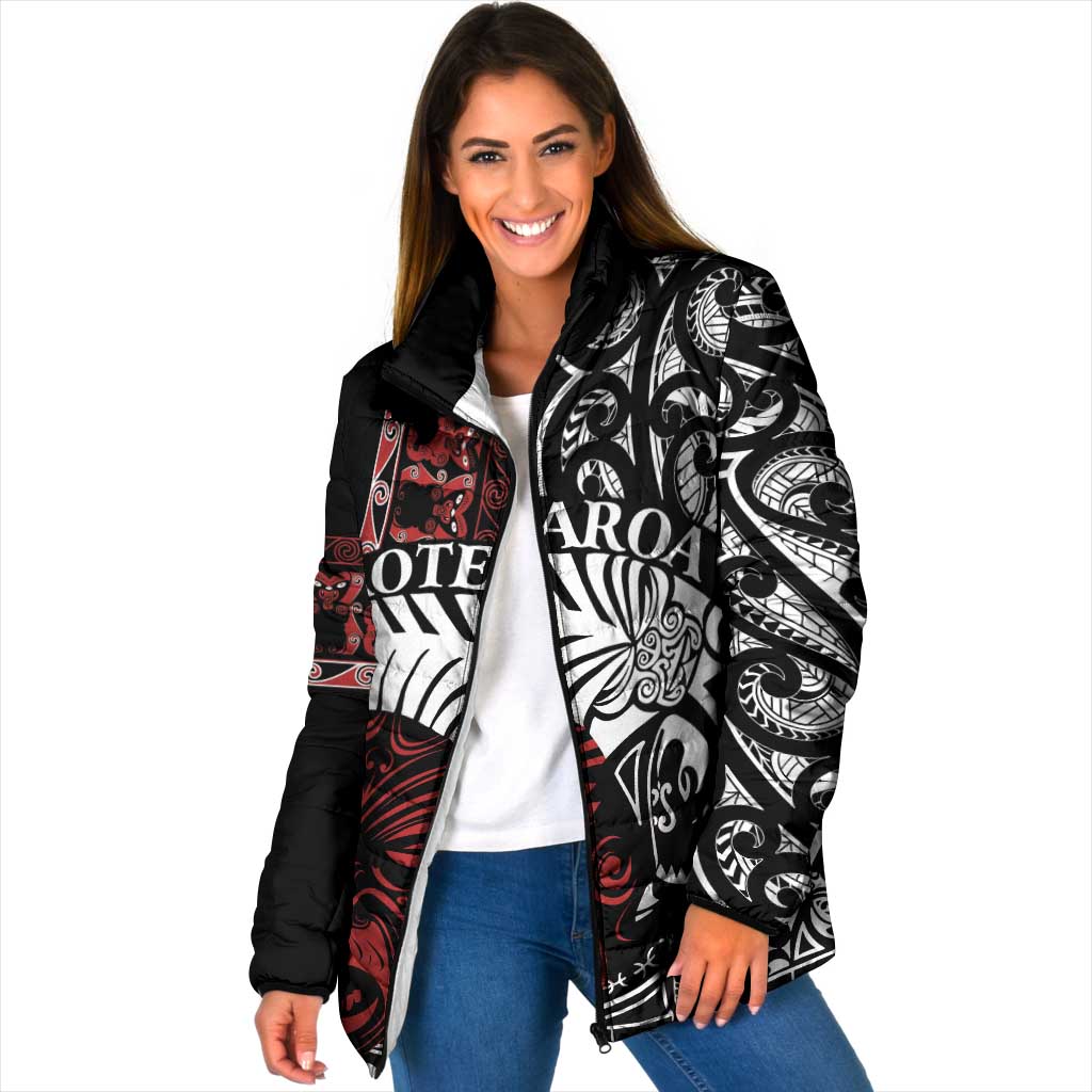 Honour The Treaty New Zealand Personalised Padded Jacket Toitu Te Tiriti Indigenous Maori Face LT9 Women Red - Polynesian Pride