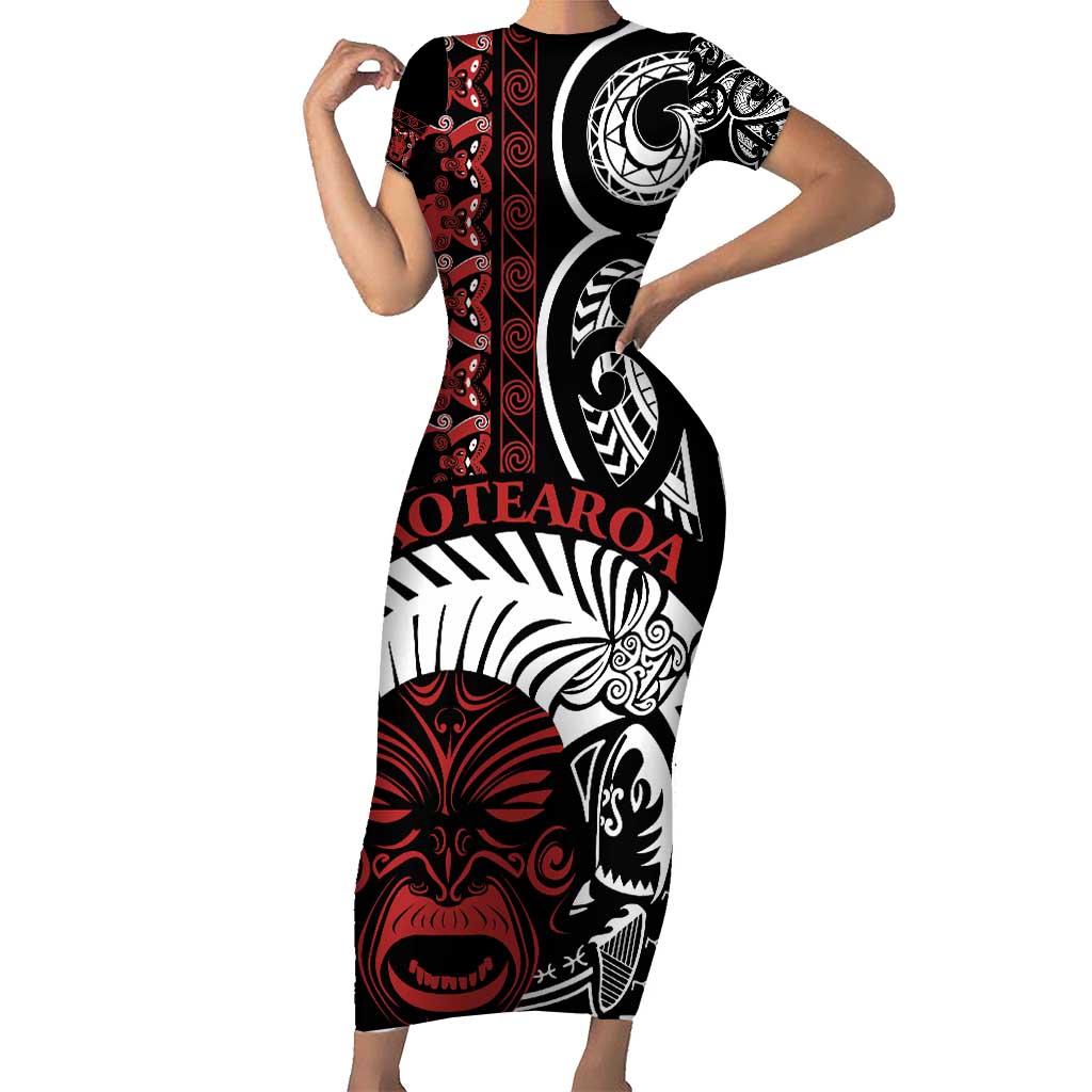 Honour The Treaty New Zealand Personalised Short Sleeve Bodycon Dress Toitu Te Tiriti Indigenous Maori Face LT9 Long Dress Black - Polynesian Pride