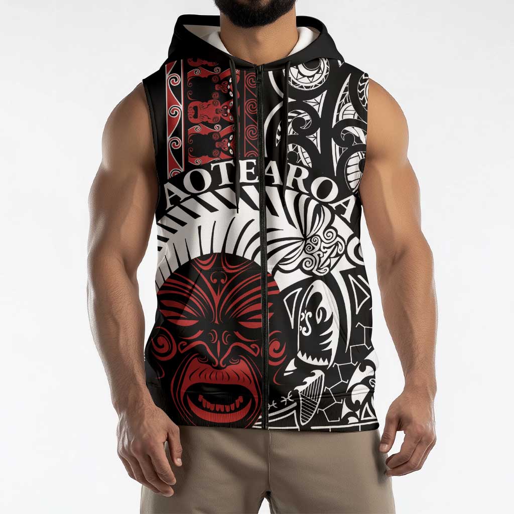 Honour The Treaty New Zealand Personalised Sleeveless Zip Hoodie Toitu Te Tiriti Indigenous Maori Face LT9 - Polynesian Pride