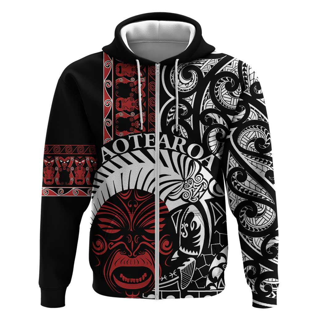 Honour The Treaty New Zealand Personalised Zip Hoodie Toitu Te Tiriti Indigenous Maori Face LT9 Zip Hoodie Black - Polynesian Pride