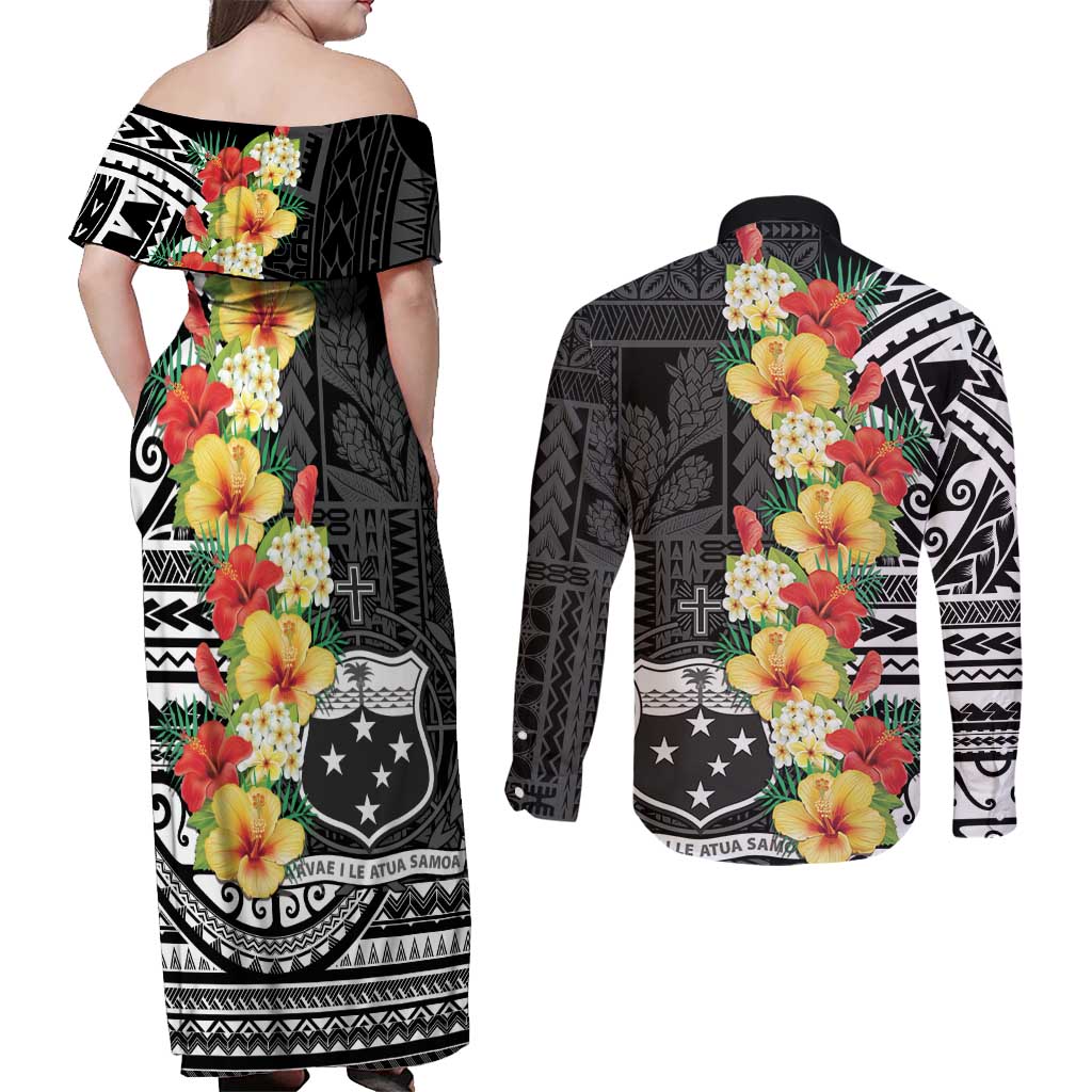 Samoa Tribal Hibiscus Flowers Couples Matching Off Shoulder Maxi Dress and Long Sleeve Button Shirt