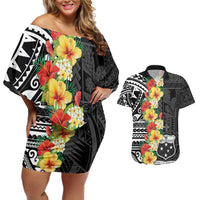 Samoa Tribal Hibiscus Flowers Couples Matching Off Shoulder Short Dress and Hawaiian Shirt