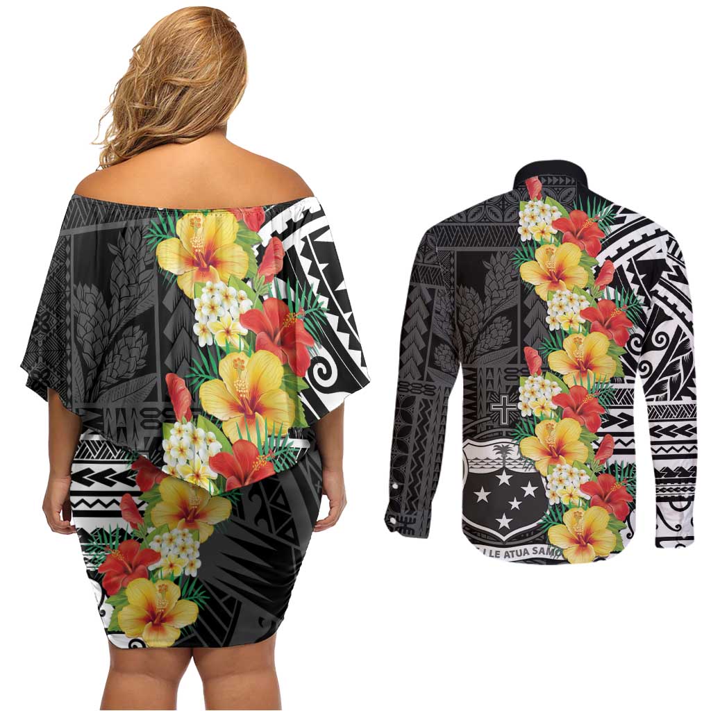Samoa Tribal Hibiscus Flowers Couples Matching Off Shoulder Short Dress and Long Sleeve Button Shirt