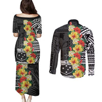 Samoa Tribal Hibiscus Flowers Couples Matching Puletasi and Long Sleeve Button Shirt
