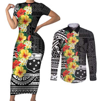 Samoa Tribal Hibiscus Flowers Couples Matching Short Sleeve Bodycon Dress and Long Sleeve Button Shirt