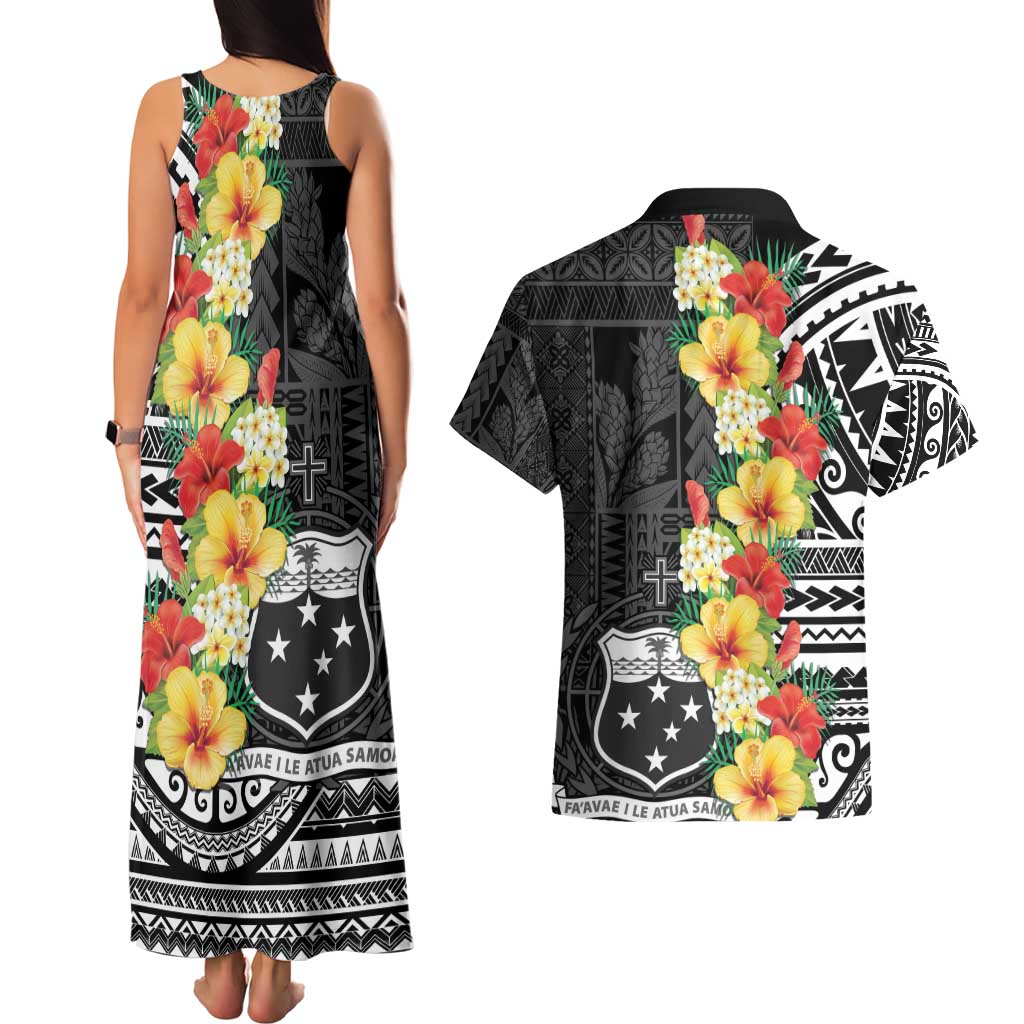 Samoa Tribal Hibiscus Flowers Couples Matching Tank Maxi Dress and Hawaiian Shirt