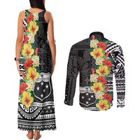 Samoa Tribal Hibiscus Flowers Couples Matching Tank Maxi Dress and Long Sleeve Button Shirt