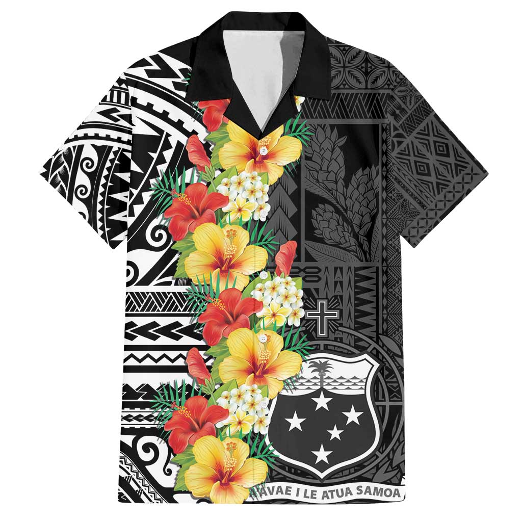 Samoa Tribal Hibiscus Flowers Family Matching Long Sleeve Bodycon Dress and Hawaiian Shirt LT9 Dad's Shirt - Short Sleeve Black - Polynesian Pride