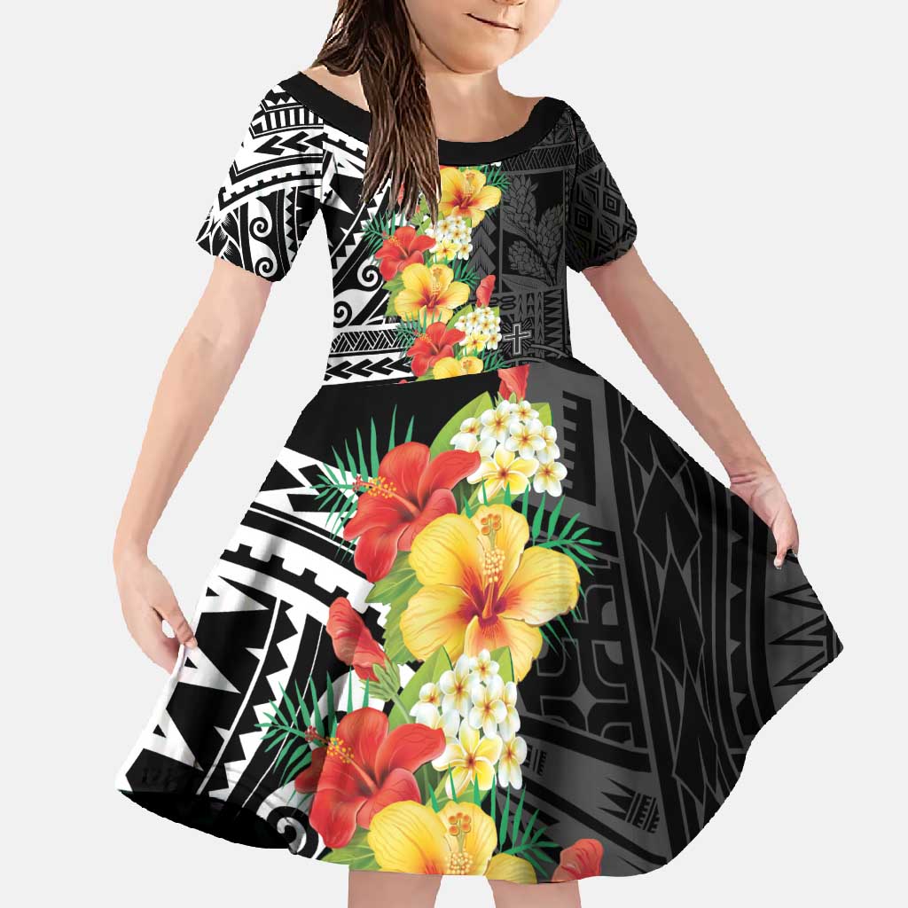 Samoa Tribal Hibiscus Flowers Family Matching Mermaid Dress and Hawaiian Shirt LT9 Daughter's Dress Black - Polynesian Pride