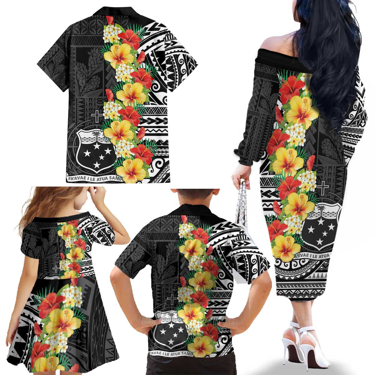 Samoa Tribal Hibiscus Flowers Family Matching Off The Shoulder Long Sleeve Dress and Hawaiian Shirt LT9 - Polynesian Pride