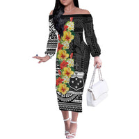 Samoa Tribal Hibiscus Flowers Family Matching Off The Shoulder Long Sleeve Dress and Hawaiian Shirt LT9 Mom's Dress Black - Polynesian Pride