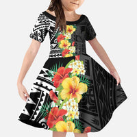 Samoa Tribal Hibiscus Flowers Family Matching Short Sleeve Bodycon Dress and Hawaiian Shirt LT9 Daughter's Dress Black - Polynesian Pride