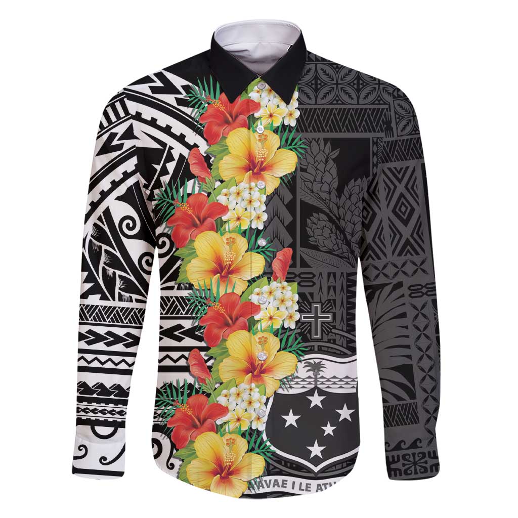 Samoa Tribal Hibiscus Flowers Family Matching Short Sleeve Bodycon Dress and Hawaiian Shirt LT9 Dad's Shirt - Long Sleeve Black - Polynesian Pride