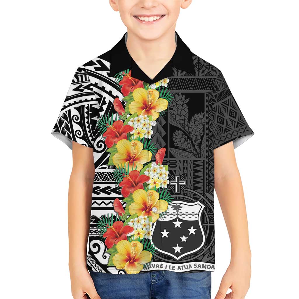 Samoa Tribal Hibiscus Flowers Family Matching Short Sleeve Bodycon Dress and Hawaiian Shirt LT9 Son's Shirt Black - Polynesian Pride