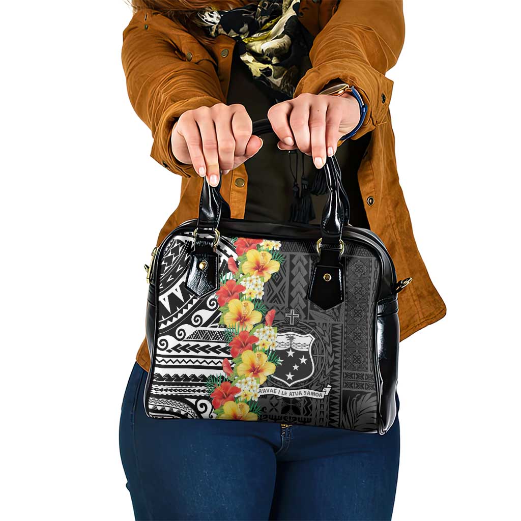 Samoa Tribal Hibiscus Flowers Shoulder Handbag LT9 One Size Black - Polynesian Pride