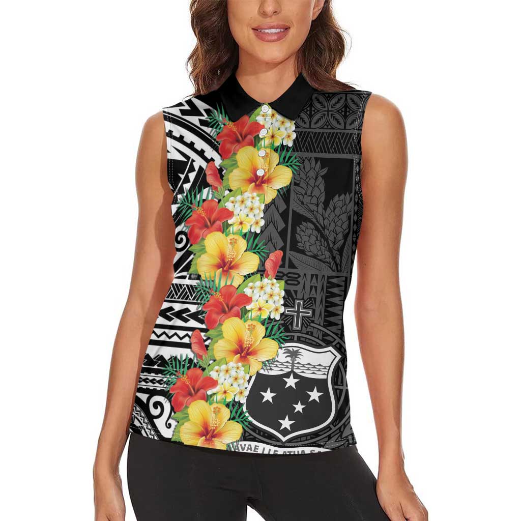 Samoa Tribal Hibiscus Flowers Women Sleeveless Polo Shirt