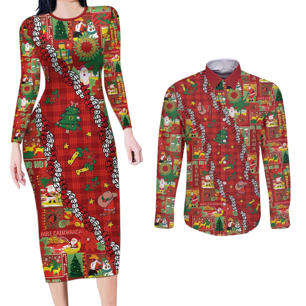 Mele Kalikimaka Pakalana Pikake Lei Couples Matching Long Sleeve Bodycon Dress and Long Sleeve Button Shirt Hawaiian Rodeo Paniolo Omaomao Palaka LT9 Green - Polynesian Pride