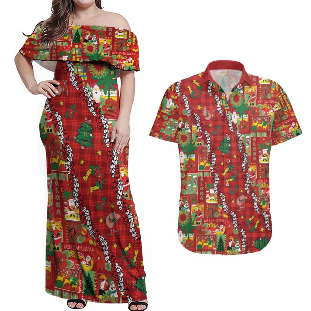 Mele Kalikimaka Pakalana Pikake Lei Couples Matching Off Shoulder Maxi Dress and Hawaiian Shirt Hawaiian Rodeo Paniolo Omaomao Palaka - Polynesian Pride