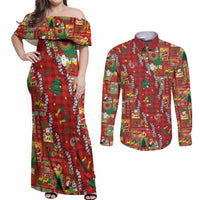 Mele Kalikimaka Pakalana Pikake Lei Couples Matching Off Shoulder Maxi Dress and Long Sleeve Button Shirt Hawaiian Rodeo Paniolo Omaomao Palaka LT9 Green - Polynesian Pride