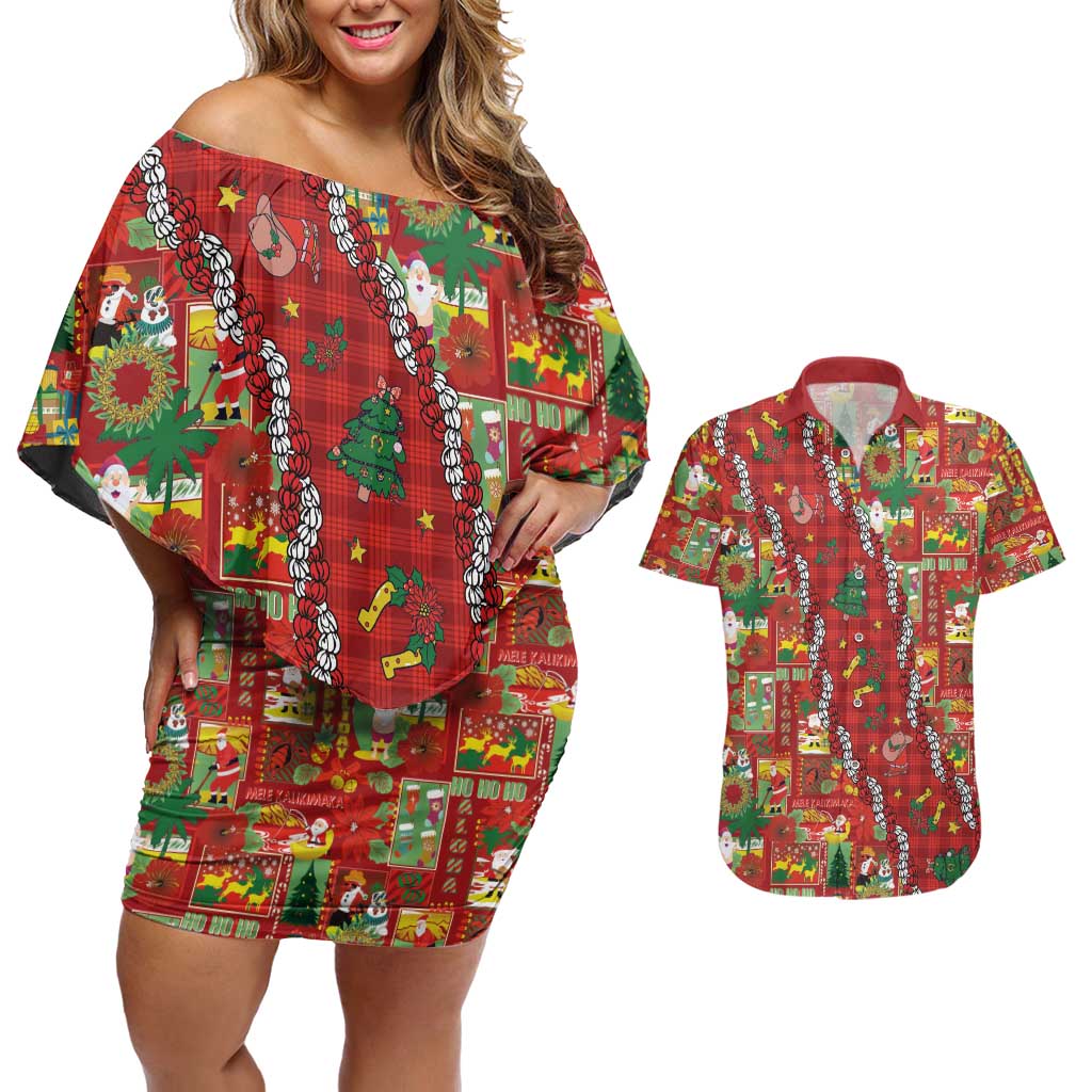 Mele Kalikimaka Pakalana Pikake Lei Couples Matching Off Shoulder Short Dress and Hawaiian Shirt Hawaiian Rodeo Paniolo Omaomao Palaka - Polynesian Pride