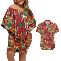 Mele Kalikimaka Pakalana Pikake Lei Couples Matching Off Shoulder Short Dress and Hawaiian Shirt Hawaiian Rodeo Paniolo Omaomao Palaka LT9 Green - Polynesian Pride