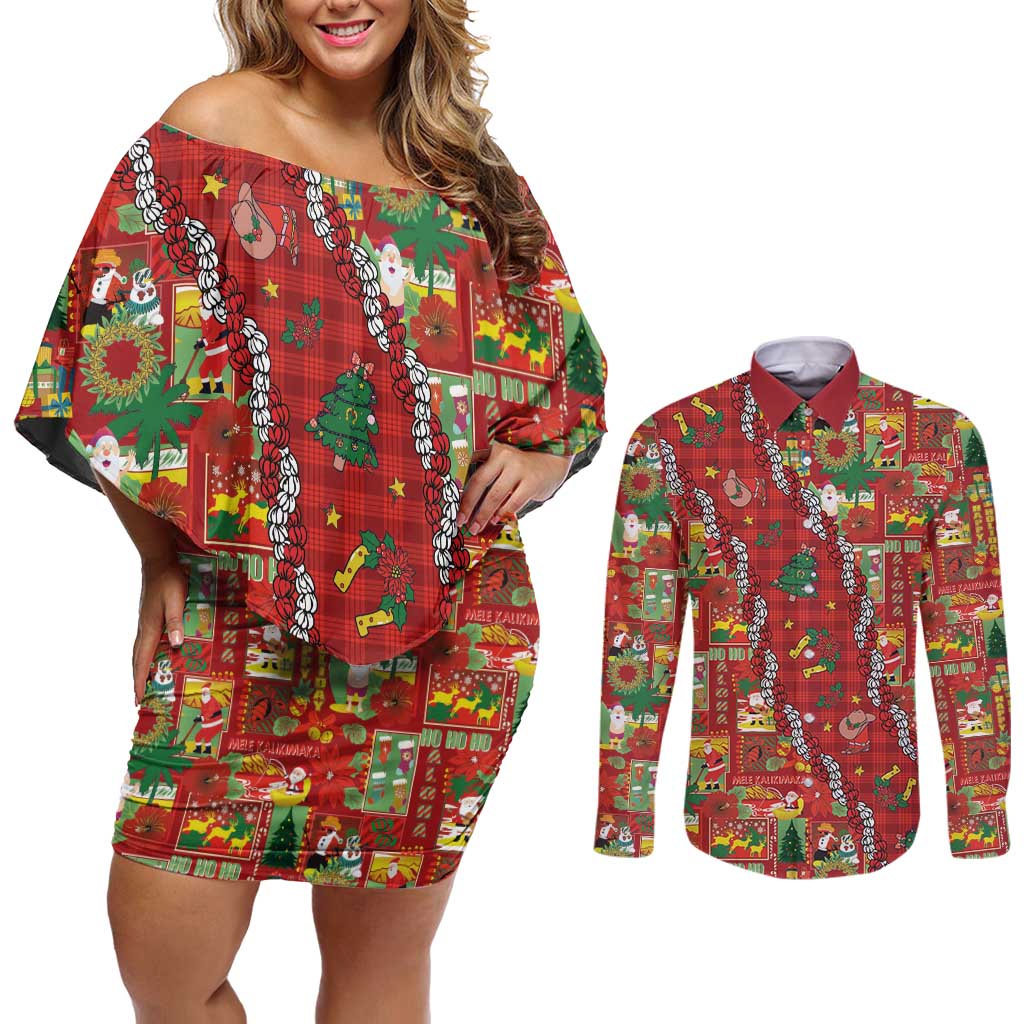 Mele Kalikimaka Pakalana Pikake Lei Couples Matching Off Shoulder Short Dress and Long Sleeve Button Shirt Hawaiian Rodeo Paniolo Omaomao Palaka LT9 Green - Polynesian Pride