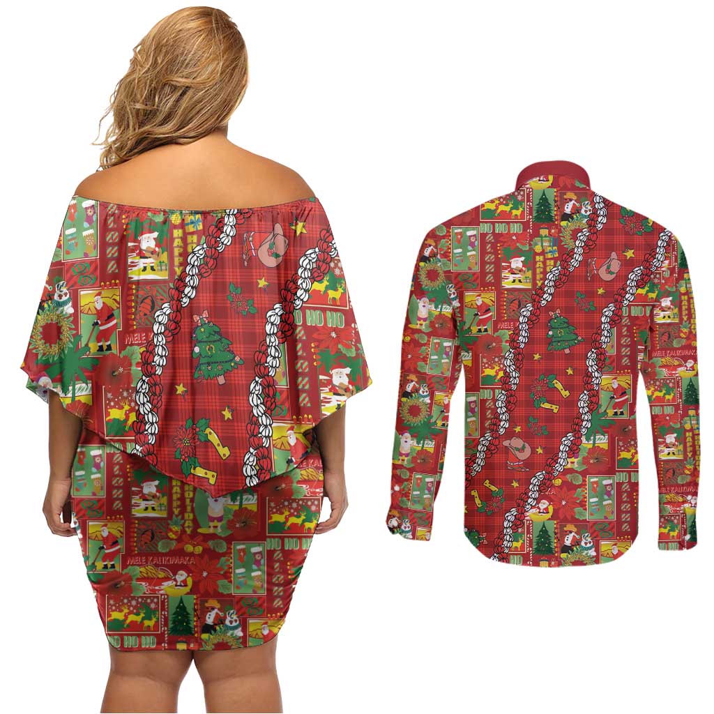 Mele Kalikimaka Pakalana Pikake Lei Couples Matching Off Shoulder Short Dress and Long Sleeve Button Shirt Hawaiian Rodeo Paniolo Omaomao Palaka LT9 - Polynesian Pride