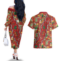 Mele Kalikimaka Pakalana Pikake Lei Couples Matching Off The Shoulder Long Sleeve Dress and Hawaiian Shirt Hawaiian Rodeo Paniolo Omaomao Palaka LT9 - Polynesian Pride