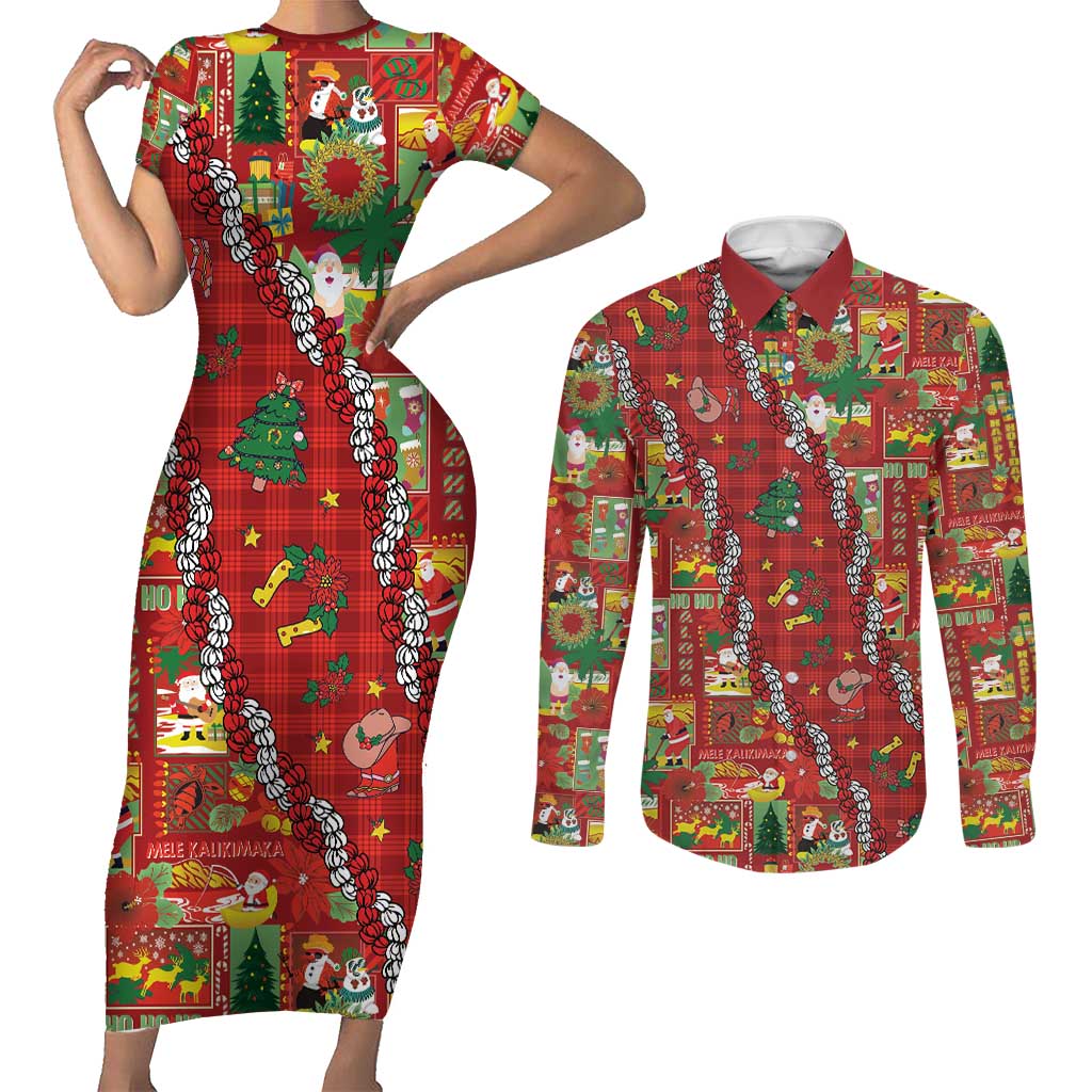 Mele Kalikimaka Pakalana Pikake Lei Couples Matching Short Sleeve Bodycon Dress and Long Sleeve Button Shirt Hawaiian Rodeo Paniolo Omaomao Palaka - Polynesian Pride