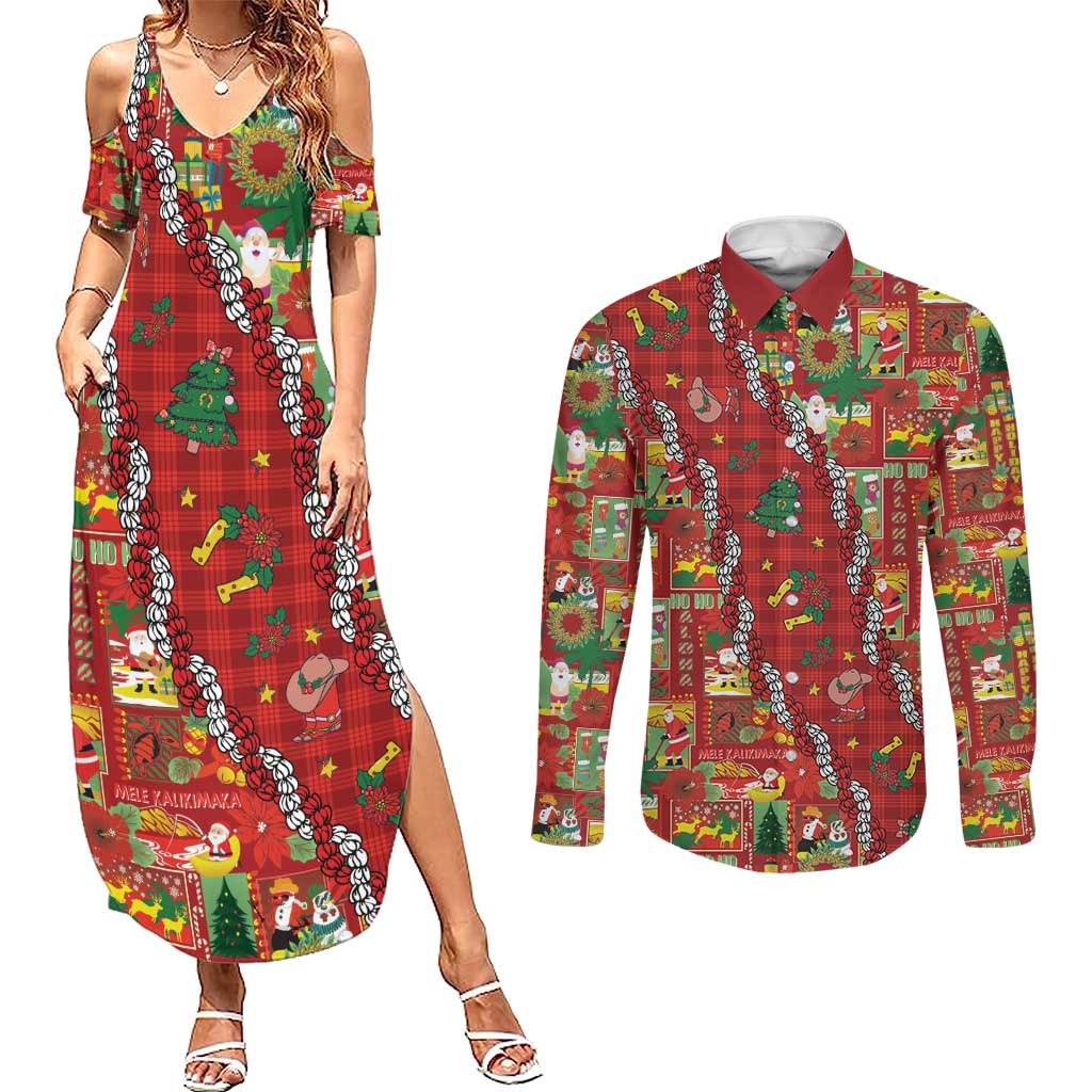 Mele Kalikimaka Pakalana Pikake Lei Couples Matching Summer Maxi Dress and Long Sleeve Button Shirt Hawaiian Rodeo Paniolo Omaomao Palaka LT9 Green - Polynesian Pride