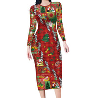 Mele Kalikimaka Pakalana Pikake Lei Family Matching Long Sleeve Bodycon Dress and Hawaiian Shirt Hawaiian Rodeo Paniolo Omaomao Palaka LT9 Mom's Dress Green - Polynesian Pride