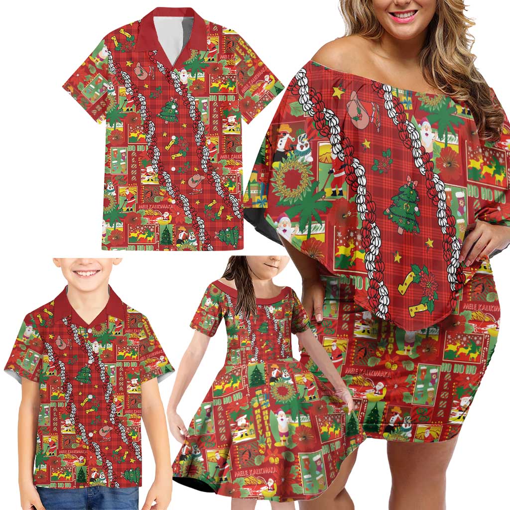 Mele Kalikimaka Pakalana Pikake Lei Family Matching Off Shoulder Short Dress and Hawaiian Shirt Hawaiian Rodeo Paniolo Omaomao Palaka - Polynesian Pride
