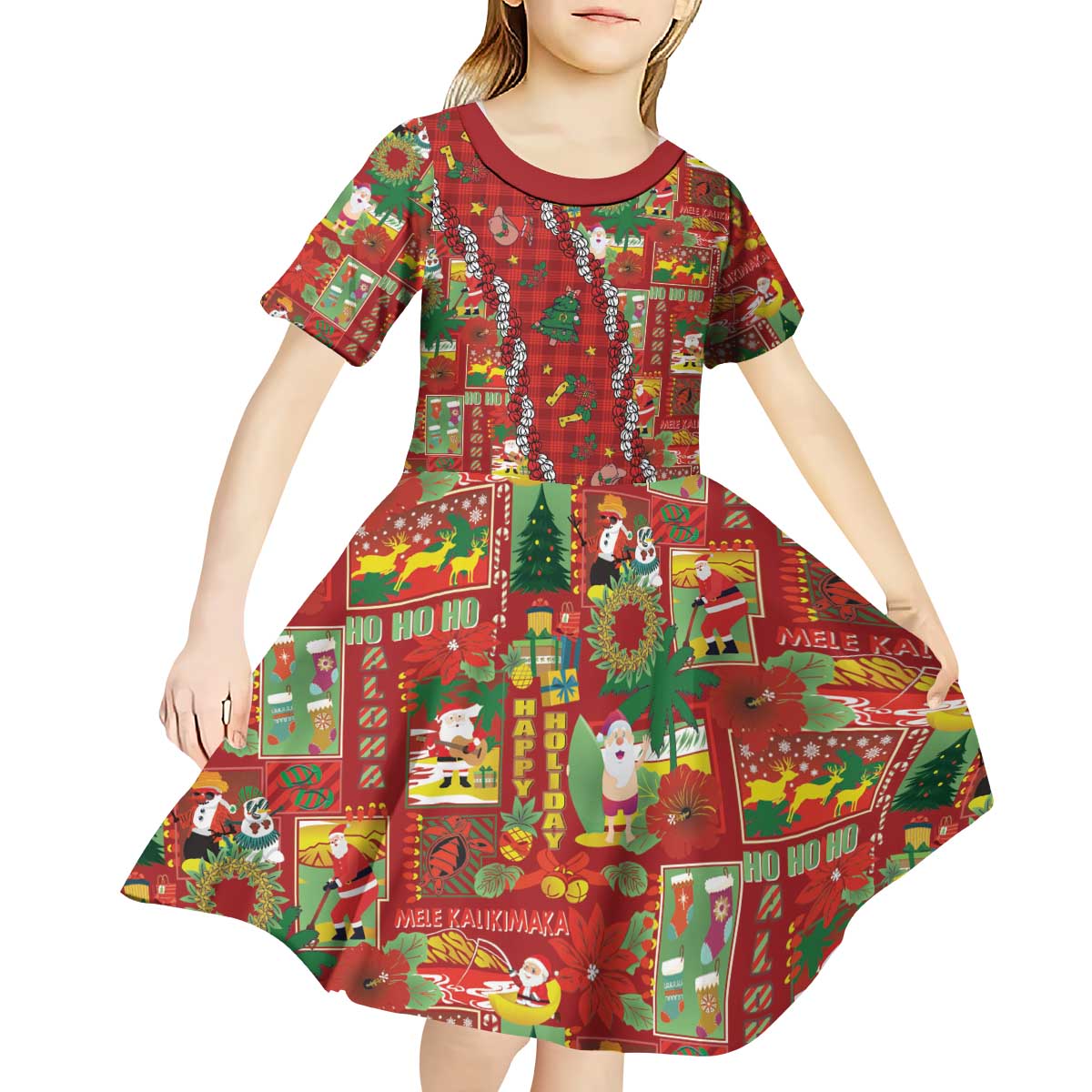 Mele Kalikimaka Pakalana Pikake Lei Kid Short Sleeve Dress Hawaiian Rodeo Paniolo Omaomao Palaka LT9 - Polynesian Pride