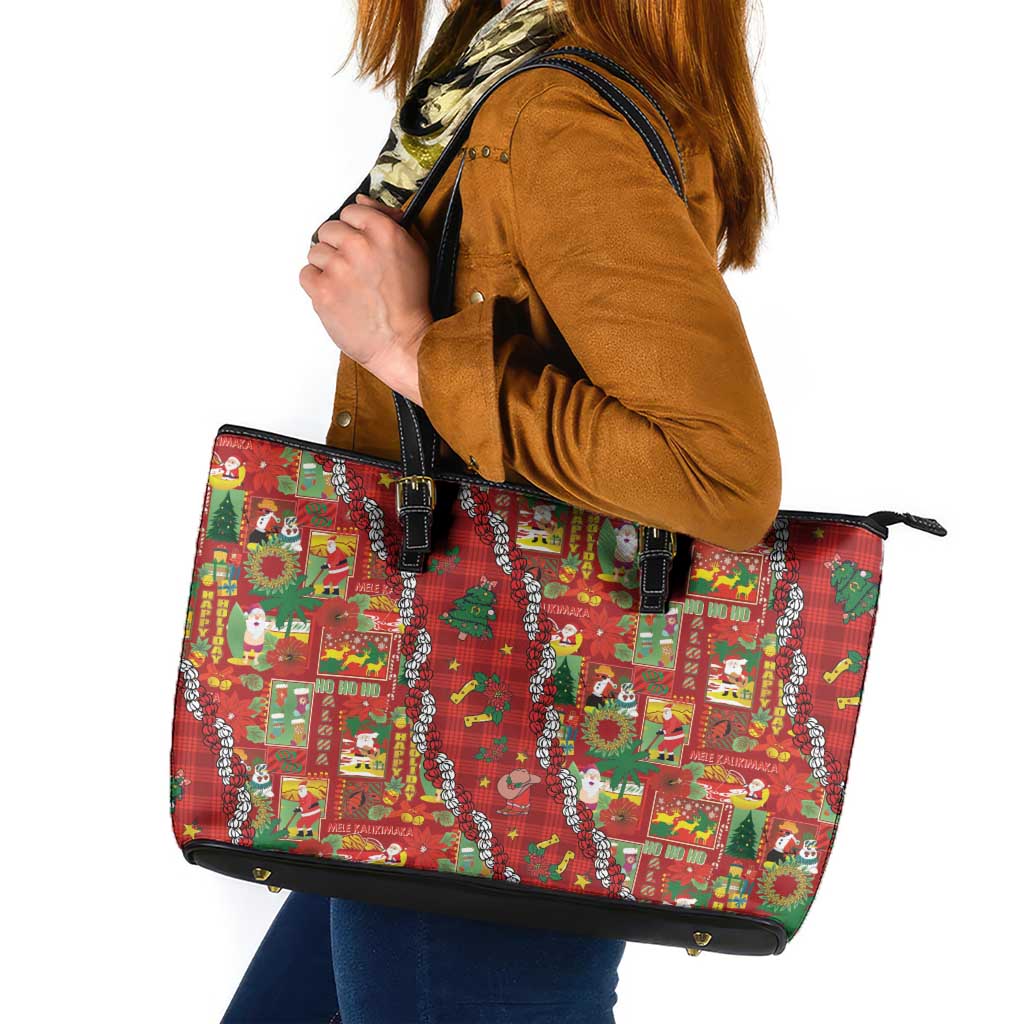 Mele Kalikimaka Pakalana Pikake Lei Leather Tote Bag Hawaiian Rodeo Paniolo Omaomao Palaka - Polynesian Pride