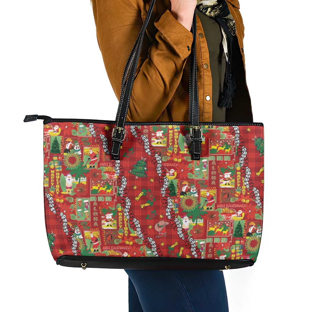 Mele Kalikimaka Pakalana Pikake Lei Leather Tote Bag Hawaiian Rodeo Paniolo Omaomao Palaka - Polynesian Pride