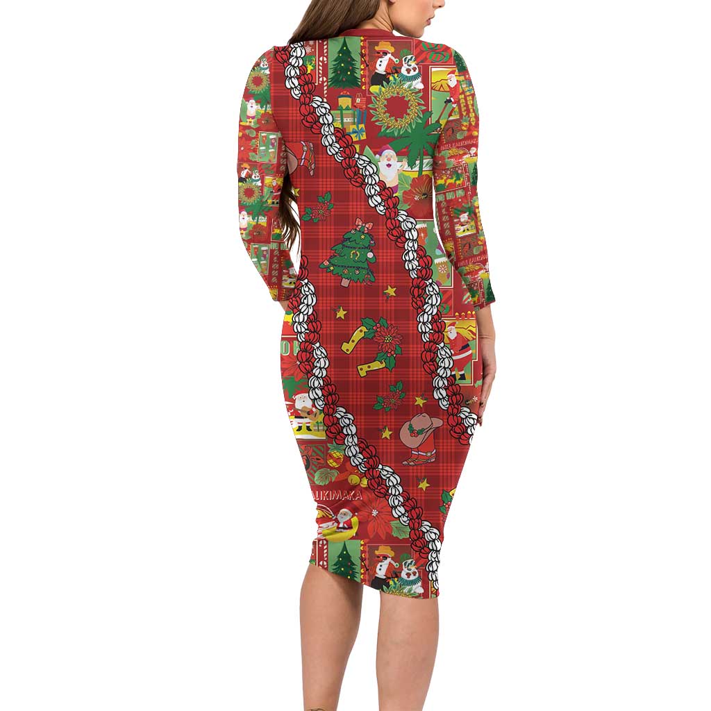 Mele Kalikimaka Pakalana Pikake Lei Long Sleeve Bodycon Dress Hawaiian Rodeo Paniolo Omaomao Palaka LT9 - Polynesian Pride