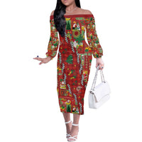 Mele Kalikimaka Pakalana Pikake Lei Off The Shoulder Long Sleeve Dress Hawaiian Rodeo Paniolo Omaomao Palaka LT9 Women Green - Polynesian Pride