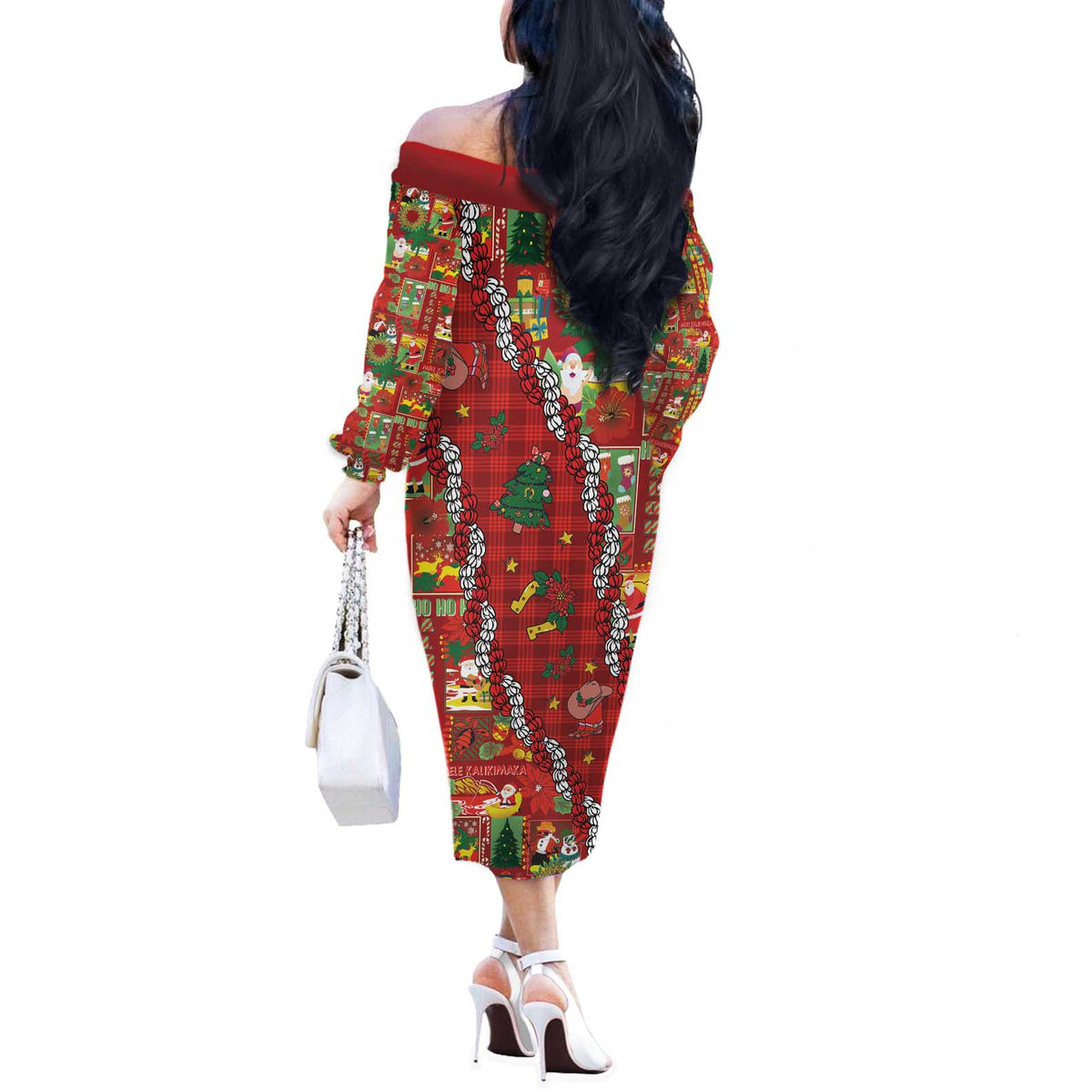 Mele Kalikimaka Pakalana Pikake Lei Off The Shoulder Long Sleeve Dress Hawaiian Rodeo Paniolo Omaomao Palaka LT9 - Polynesian Pride