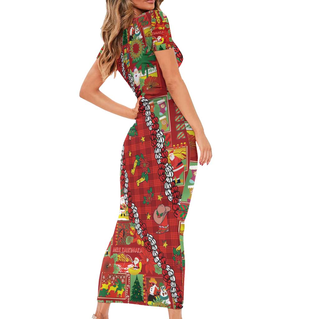 Mele Kalikimaka Pakalana Pikake Lei Short Sleeve Bodycon Dress Hawaiian Rodeo Paniolo Omaomao Palaka LT9 - Polynesian Pride