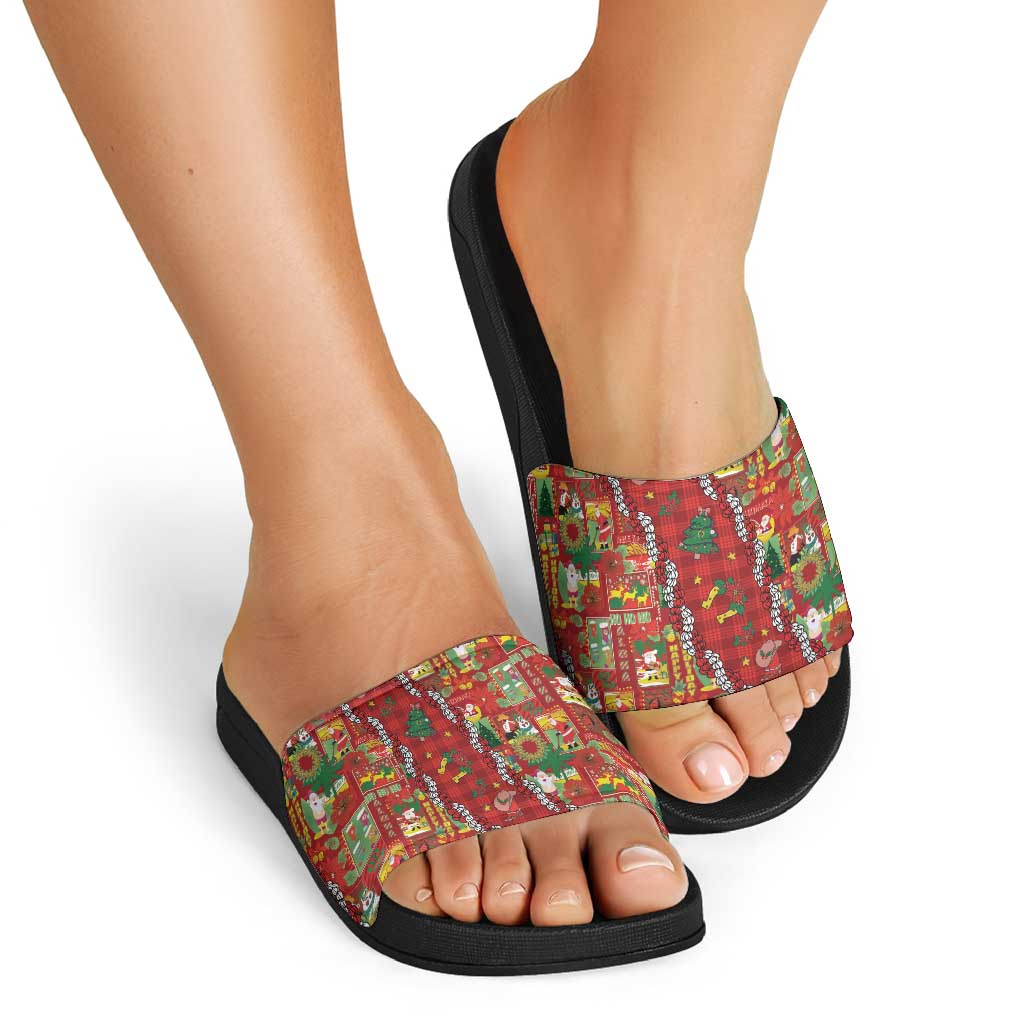 Mele Kalikimaka Pakalana Pikake Lei Slide Sandals Hawaiian Rodeo Paniolo Omaomao Palaka - Polynesian Pride