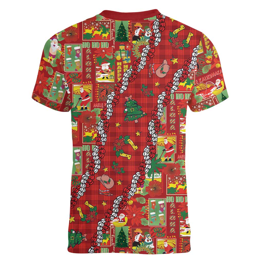 Mele Kalikimaka Pakalana Pikake Lei Women V-Neck T-Shirt Hawaiian Rodeo Paniolo Omaomao Palaka LT9 - Polynesian Pride