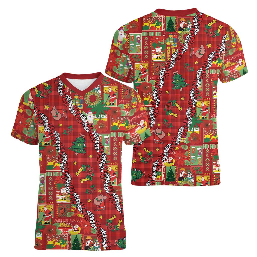Mele Kalikimaka Pakalana Pikake Lei Women V-Neck T-Shirt Hawaiian Rodeo Paniolo Omaomao Palaka LT9 - Polynesian Pride
