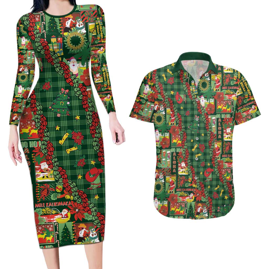 Mele Kalikimaka Pakalana Pikake Lei Couples Matching Long Sleeve Bodycon Dress and Hawaiian Shirt Hawaiian Rodeo Paniolo Ulaula Palaka - Polynesian Pride
